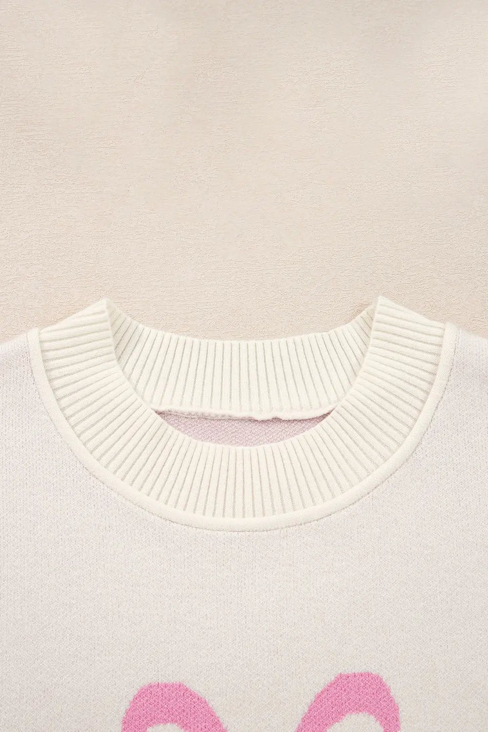 Pink Bow Print Ribbed Trim Drop Shoulder Loose Sweater Dear-Lover Dropshipping
